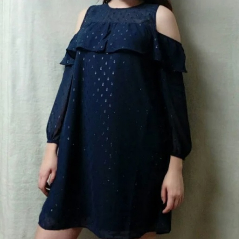 Old Navy Black Jack Clipdot Chiffon Cold Shoulder Long Sleeve Dress Size…
